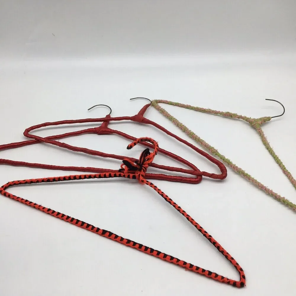 4 Vtg Colorful Yarn Ribbon Covered Granny Clothes Hangers Red Satin Pink Green